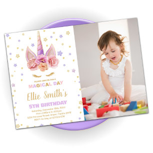 Pink Purple Unicorn Birthday Invitations w photo