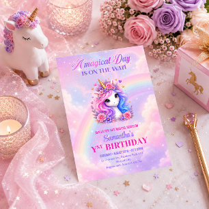Pink Purple Unicorn Girl Birthday Pastel Invitatio Invitation