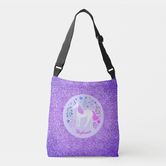 Pink Purple Unicorn Glitter Personalised Crossbody Bag (Front)