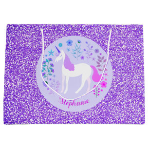 Pink Purple Unicorn Glitter Personalised Large Gift Bag