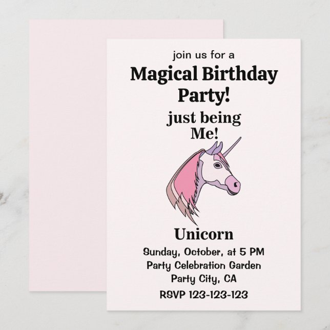 Pink Purple Unicorn Head Magical Birthday Party Invitation (Front/Back)