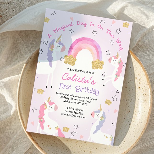Pink Purple Unicorn Magical Day 1st Birthday Invitation (Pink and Purple Magical Day Unicorn 1st Birthday Invitation. Unicorn themed birthday party Invite, )