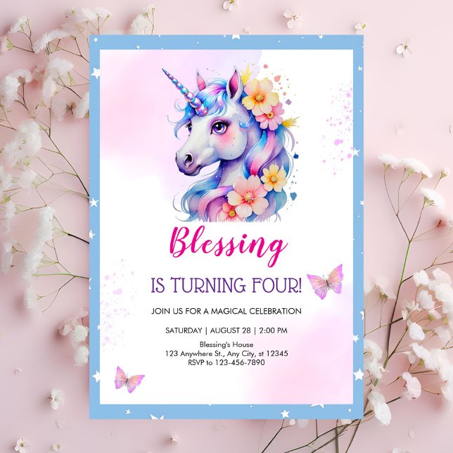 Pink Purple Unicorn Magical Day 4th Birthday  Invitation (Creator Uploaded)