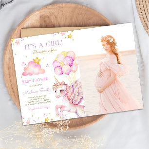 Pink Purple Unicorn Magical Girl Baby Shower Photo Invitation