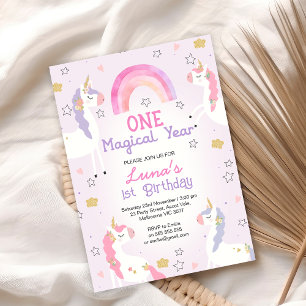 Pink Purple Unicorn One Magical Year 1st Birthday  Invitation