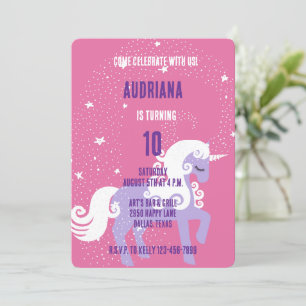 Pink Purple Unicorn Stars Birthday Invitation