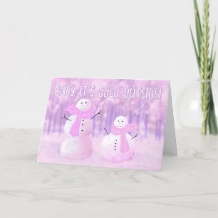 Pink Purple Vintage Snowmen Customised Holiday Card