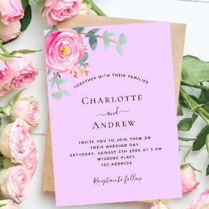 Pink purple violet rose greenery wedding invitation