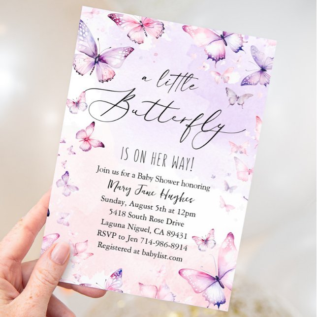 Pink Purple Watercolor Butterfly Baby Shower Invitation (Creator Uploaded)
