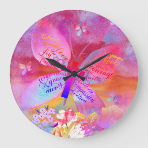 pink purple watercolor butterfly cross large clock