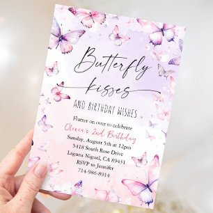 Pink Purple Watercolor Butterfly Kisses Birthday  Invitation