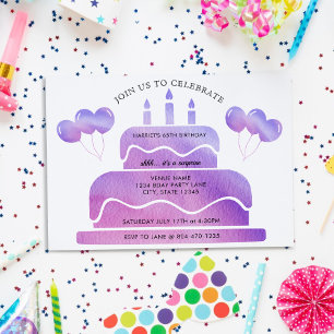 Pink Purple Watercolor Cake Balloons 65th Birthday Invitation