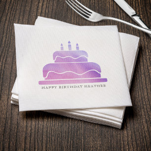 Pink & Purple Watercolor Cake Happy Birthday Napkin