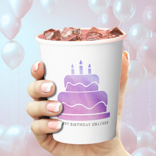Pink & Purple Watercolor Cake Happy Birthday Paper Cups