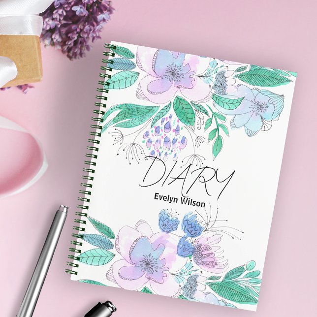 Pink Purple Watercolor Doodle Blossoms and Leaves  Notebook (Creator Uploaded)