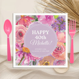 Pink Purple Watercolor Floral 40th Birthday Napkin