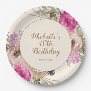 Pink Purple Watercolor Floral 40th Birthday Paper Plate