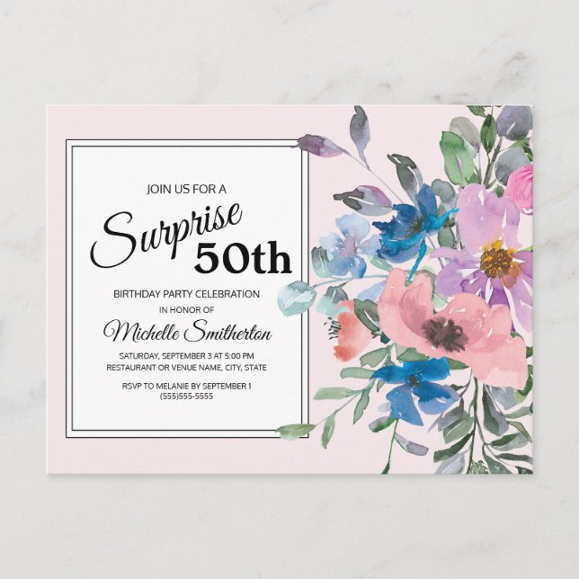 Pink Purple Watercolor Floral 50th Birthday Party Postcard (Front)