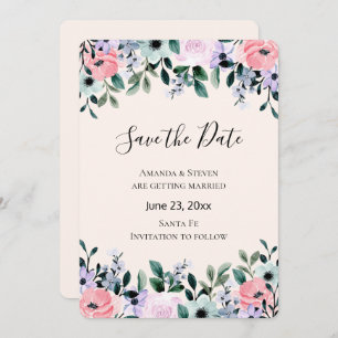 Pink & Purple Watercolor Floral Border Save The Date