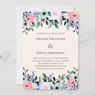 Pink & Purple Watercolor Floral Border Wedding Invitation