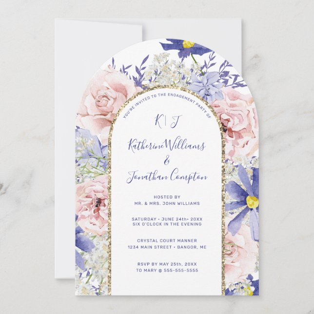 Pink Purple Watercolor Floral Engagement Party Invitation (Front)