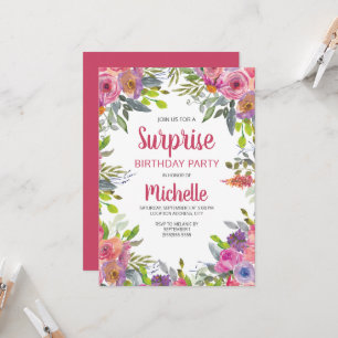 Pink Purple Watercolor Floral Greenery Birthday Invitation