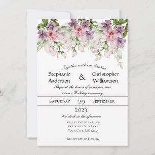 Pink Purple Watercolor Floral Greenery Wedding Invitation