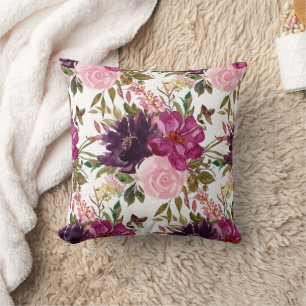 Pink Purple Watercolor Floral Greenery White Cushion