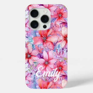 Pink Purple Watercolor Floral Personalized Name iPhone 15 Pro Case