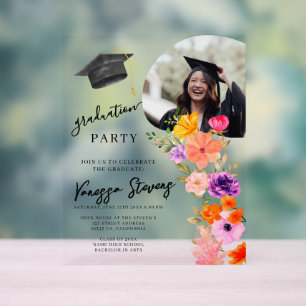 Pink & Purple Watercolor Floral Photo Graduation  Acrylic Sign