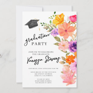 Pink & Purple Watercolor Floral Photo Graduation  Invitation