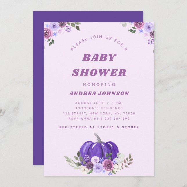 Pink Purple Watercolor Floral Pumpkin Baby Shower  Invitation (Front/Back)