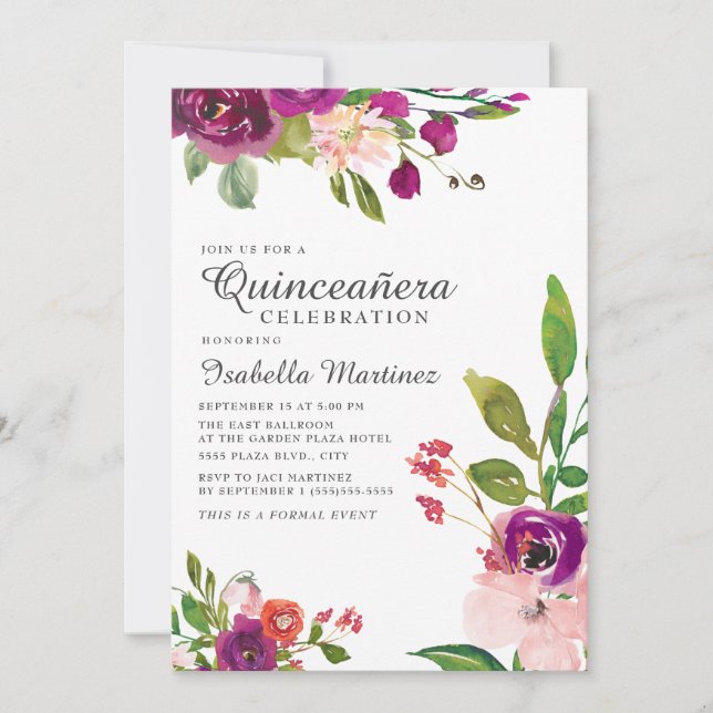 Pink Purple Watercolor Floral Quinceañera Invitation (Front)