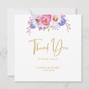 Pink Purple Watercolor Floral Romantic Wedding Thank You Card
