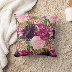 Pink Purple Watercolor Floral Roses Botanical Cushion