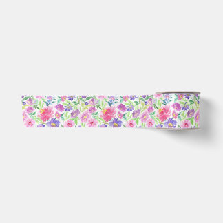 Pink Purple Watercolor Floral Spring Garden Satin Ribbon