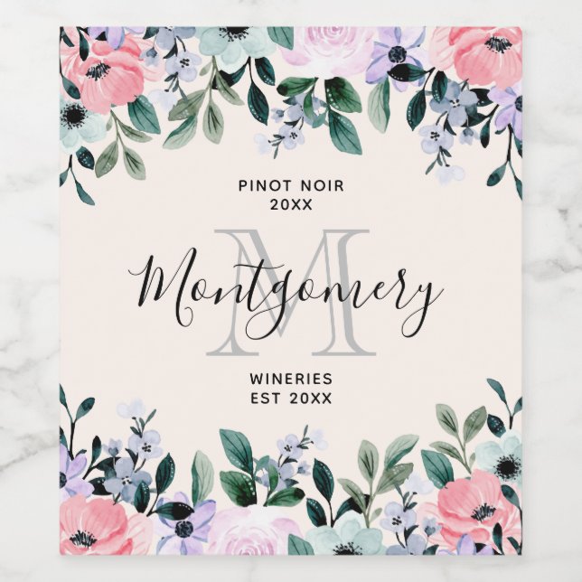  Pink & Purple Watercolor Floral Wine Making Wine Label (Single Label)