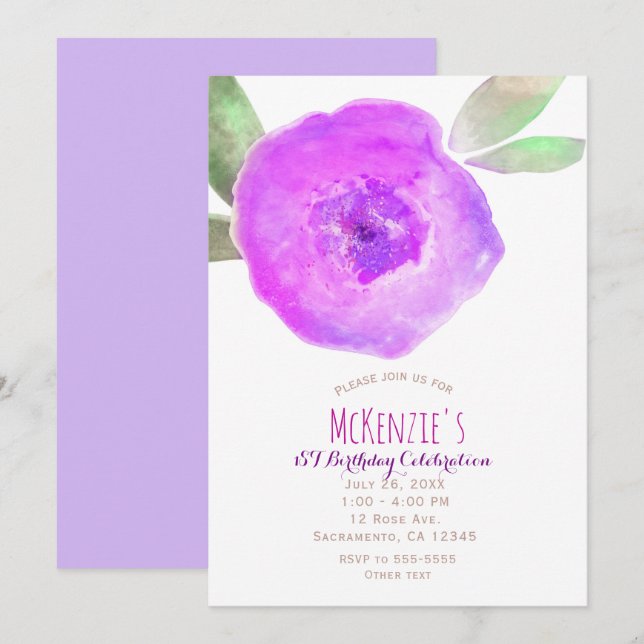 Pink Purple Watercolor Flower 1st Birthday Party Invitation (Front/Back)