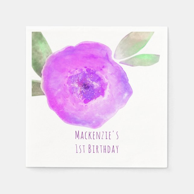 Pink Purple Watercolor Flower Birthday Party Napkin (Front)