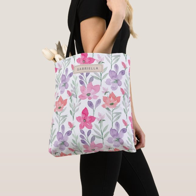 Pink Purple Watercolor Flowers Floral Personalised Tote Bag (Close Up)