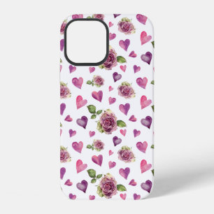 Pink Purple Watercolor Flowers Hearts iPhone 12 Case