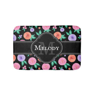 Pink / Purple Watercolor Rose Pattern on Black Bath Mat