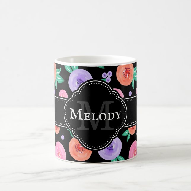 Pink / Purple Watercolor Rose Pattern on Black Coffee Mug (Center)