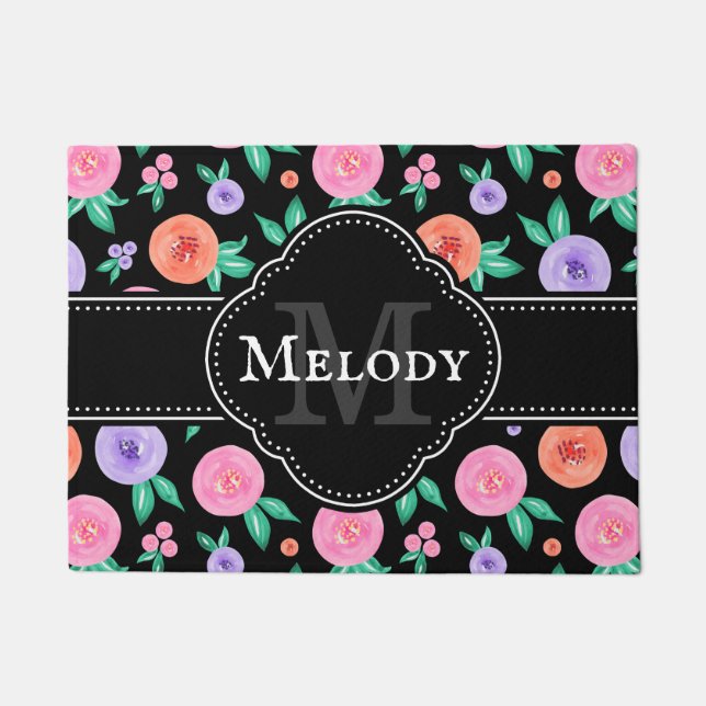 Pink / Purple Watercolor Rose Pattern on Black Doormat (Front)