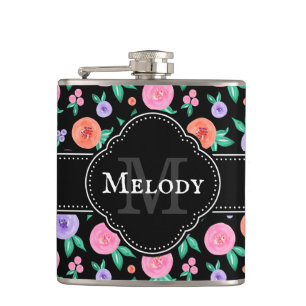 Pink / Purple Watercolor Rose Pattern on Black Hip Flask