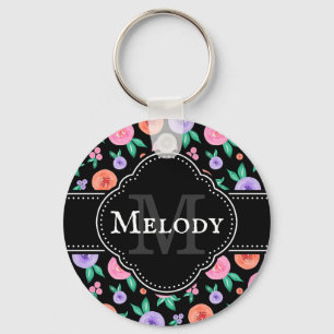 Pink / Purple Watercolor Rose Pattern on Black Key Ring