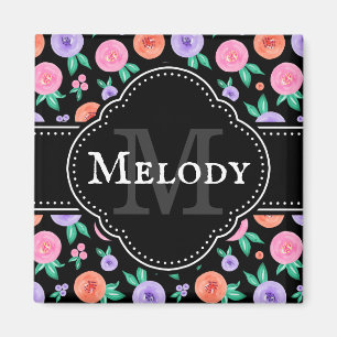 Pink / Purple Watercolor Rose Pattern on Black Magnet
