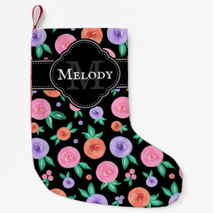 Pink / Purple Watercolor Rose Pattern on Black Small Christmas Stocking
