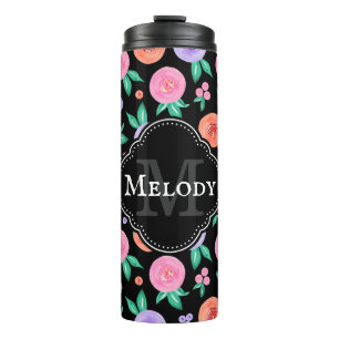 Pink / Purple Watercolor Rose Pattern on Black Thermal Tumbler