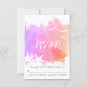 Pink purple watercolor starfish beach wedding RSVP Card
